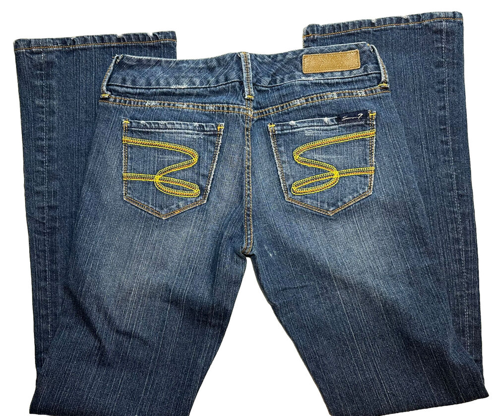 Seven7 Woman’s Jeans Bootcut Size 28 Yellow Embroidered Pockets